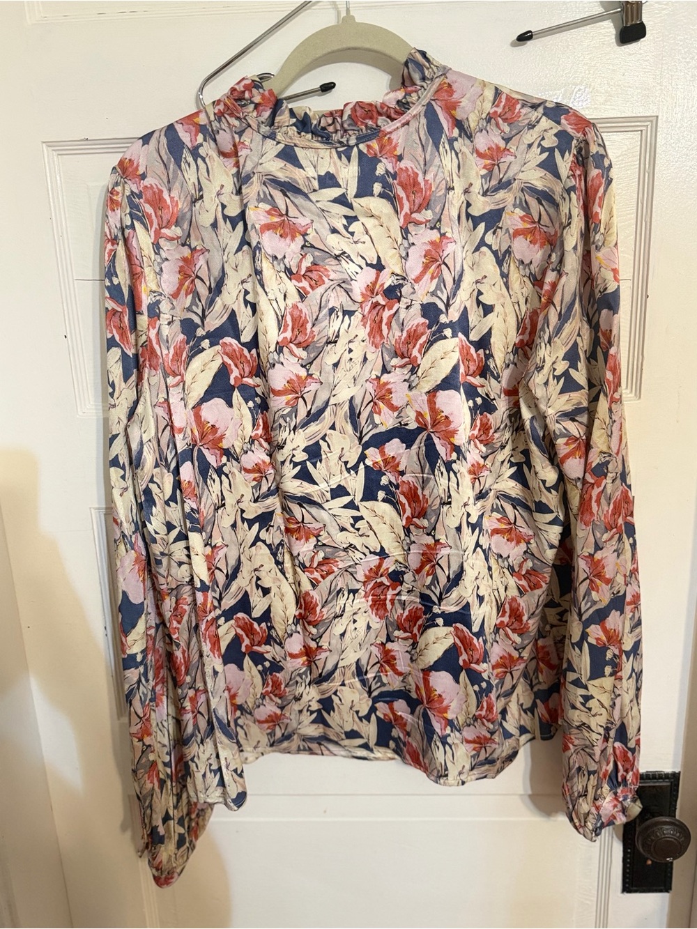 Tularosa Navy, Cream & Pink Floral Ruffle Tie-Neck Blouse - Picture 6 of 9